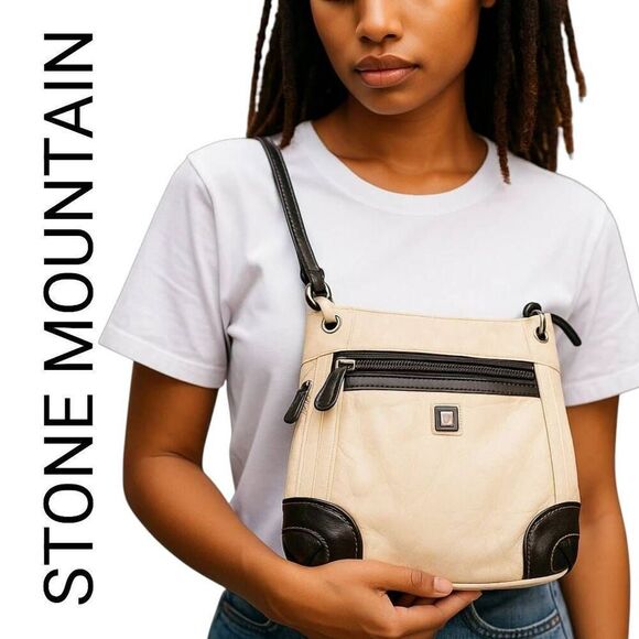 Stone Mountain Black and Off White Cream Crossbody Shoulder Bag - Picture 1 of 10